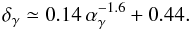 \appendix \setcounter{section}{1} \begin{equation} \label{eq:delta} \delta_\gamma \simeq 0.14 \,\alpha_\gamma^{-1.6} + 0.44. \end{equation}