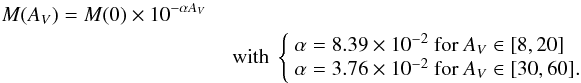 \begin{eqnarray} \label{eq.beta} M(A_V) = M(0) \times 10^{-\alpha A_V} \\ &&\mbox{ with } \left\{ \begin{array}{l} \alpha = 8.39\times 10^{-2} \mbox { for } A_V \in [8,20]\\ \alpha = 3.76\times 10^{-2} \mbox { for } A_V \in [30,60]. \end{array} \right.\nonumber \end{eqnarray}