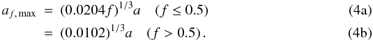 \begin{subequations} \begin{eqnarray} a_{f,\,{\rm max}} &=& (0.0204 f)^{1/3} a \quad{ (f \le 0.5)} \\ & =& (0.0102)^{1/3} a \quad{ (f > 0.5)}\,. \end{eqnarray} \end{subequations}