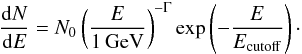 \begin{equation} \frac{\mathrm{d}N}{\mathrm{d}E}=N_0\left(\frac{E}{1\,\mathrm{GeV}}\right)^{-\Gamma}\mathrm{exp}\left( - \frac{E}{E_{\rm cutoff}} \right)\cdot \end{equation}