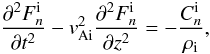 \begin{equation} \frac{\partial^2 F_n^{\rm i}}{\partial t^2} - v_{\rm Ai}^2\frac{\partial^2 F_n^{\rm i}}{\partial z^2} = -\frac{C_n^{\rm i}}{\rho_{\rm i}}, \label{eq:FCint} \end{equation}