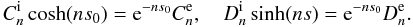 \begin{equation} C_n^{\rm i}\cosh(ns_0) = {\rm e}^{-ns_0}C_n^{\rm e}, \quad D_n^{\rm i}\sinh(ns) = {\rm e}^{-ns_0}D_n^{\rm e} . \label{eq:CDint-ext} \end{equation}