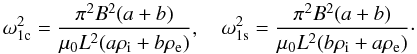\begin{equation} \omega_{1\rm c}^2 = \frac{\pi^2 B^2(a + b)} {\mu_0 L^2(a\rho_{\rm i} + b\rho_{\rm e})}, \quad \omega_{1\rm s}^2 = \frac{\pi^2 B^2(a + b)} {\mu_0 L^2(b\rho_{\rm i} + a\rho_{\rm e})}\cdot \label{eq:kink-eigen} \end{equation}