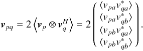 \begin{eqnarray*} \vec{v}_{pq} = 2 \left< \vec{v}_p \otimes \vec{v}^\herm_q \right > = 2 \left ( \begin{array}{c} \langle v_{pa}v^*_{qa}\rangle \\ \langle v_{pa}v^*_{qb}\rangle \\ \langle v_{pb}v^*_{qa}\rangle \\ \langle v_{pb}v^*_{qb}\rangle \\ \end{array} \right ). \end{eqnarray*}