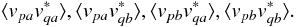 \begin{equation} \label{eq:correlation} \langle v_{pa}v^*_{qa}\rangle, \langle v_{pa}v^*_{qb}\rangle, \langle v_{pb}v^*_{qa}\rangle, \langle v_{pb}v^*_{qb}\rangle. \end{equation}