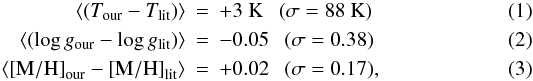 \begin{eqnarray} \langle (T_{\rm our} - T_{\rm lit}) \rangle &=& +3 ~{\rm K} ~~~(\sigma=88 ~{\rm K})\\ \langle (\log g_{\rm our} - \log g_{\rm lit}) \rangle &=& -0.05 ~~~(\sigma=0.38)\\ \langle {\rm [M/H]}_{\rm our} - {\rm [M/H]}_{\rm lit} \rangle &=& +0.02 ~~~(\sigma=0.17), \end{eqnarray}