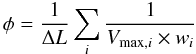 \begin{equation} \label{eq:sfr lir} \phi = \frac{1}{\Delta L}\sum_{i}\frac{1}{V_{{\rm max},i}\times w_{i}} \end{equation}