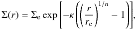 \begin{equation} \Sigma(r)=\Sigma_{\rm e} \exp{\left[-\kappa \left(\left({\frac{r}{r_{\rm e}}}\right)^{1/n} - 1\right)\right]}, \label{eq:sersic} \end{equation}