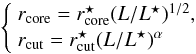 \begin{equation} \label{eq:scal2} \left\{ \begin{array}{l} r_{\rm core} = r_{\rm core}^\star (L/L^\star)^{1/2}, \\ r_{\rm cut} = r_{\rm cut}^\star (L/L^\star)^\alpha \\ \end{array} \right. \end{equation}