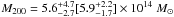 \hbox{$ M_{200} = 5.6^{+4.7}_{-2.7} [5.9^{+2.2}_{-1.7}] \times 10^{14}\ M_{\odot}$}