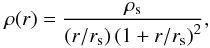 \begin{equation} \rho(r)=\frac{\rho_{\rm s}}{(r/r_{\rm s})\left(1+r/r_{\rm s}\right)^2}, \label{eq:NFW} \end{equation}