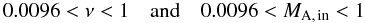 \begin{equation} 0.0096 < \nu < 1 \quad \text{and} \quad 0.0096 < M_{\rm A,\,in} < 1 \end{equation}
