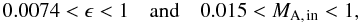 \begin{equation} 0.0074 < \epsilon < 1 \quad \text{and} \quad 0.015 < M_{\rm A,\,in} < 1, \end{equation}