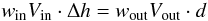 \begin{equation} w_{\rm in}V_{\rm in} \cdot \Delta h = w_{\rm out}V_{\rm out} \cdot d \end{equation}
