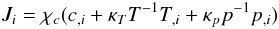 % subequation 640 4 \begin{equation} \label{eq8} J_i =\chi _c (c_{,i} +\kappa _T T^{-1}T_{,i} +\kappa _p p^{-1}p_{,i}) \end{equation}