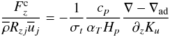% subequation 890 10 \begin{equation} \label{eq21} \frac{F_z^{\rm c}}{\overline \rho R_{zj} \overline u _j }=-\frac{1}{\sigma _t }\frac{c_p}{\alpha _T H_p}\frac{\nabla -\nabla_{\rm ad} }{\partial _z K_u} \end{equation}