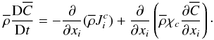 % subequation 1099 1 \begin{equation} \label{eq23} \overline \rho \frac{{\rm D} \overline C }{{\rm D}t} = - \frac{\partial}{\partial x_i}(\overline \rho J_i^c) + \frac{\partial}{\partial x_i} \left( \overline \rho \chi _c \frac{\partial \overline C}{\partial x_i} \right)\cdot \end{equation}