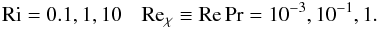 % subequation 2086 5 \begin{equation} {\rm Ri} = 0.1, 1, 10 \quad {\rm Re}_\chi \equiv {\rm Re}\Pr =10^{-3},10^{-1},1. \end{equation}