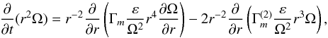 \begin{equation} \label{eq46} \frac{\partial }{\partial t}(r^2\Omega ) = r^{-2}\frac{\partial }{\partial r}\left(\Gamma _{m} \frac{\varepsilon }{\Omega ^2}r^4\frac{\partial \Omega }{\partial r}\right)-2r^{-2}\frac{\partial }{\partial r}\left(\Gamma _{m}^{(2)} \frac{\varepsilon }{\Omega ^2}r^3\Omega\right), \end{equation}
