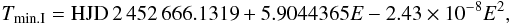 \begin{equation} % T_{\rm min.I} = {\rm HJD}\, 2\,452\,666.1319 + 5.9044365E - 2.43 \times 10^{-8}E^{2}, \label{Eq_quad_ephem} \end{equation}