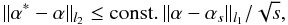 \begin{equation} \label{equ_nonoise_l1} \| \alpha^*-\alpha\|_{l_2} \leq {\rm const.} \,\| \alpha- \alpha_s \|_{l_1}/\sqrt{s}, \end{equation}