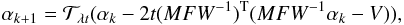 \begin{equation} \label{ista_solution } \alpha_{k+1}=\mathcal{T}_{\lambda t}(\alpha_{k}- 2t(MFW^{-1})^{\rm T}(MFW^{-1}\alpha_{k}-V)), \end{equation}