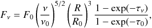 \begin{equation} \label{eq_flux} F_\nu = F_0 \left(\frac{\nu}{\nu_0}\right)^{5/2} \left(\frac{R}{R_0}\right)^{3} \frac{1-\exp(-\tau_\nu)}{1-\exp(-\tau_0)}, \end{equation}