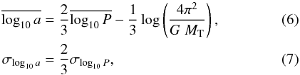 \begin{eqnarray} \label{eq:kouwenhoven07-period-separation-distribution} \overline{ \log_{10} a } & =& \frac{2}{3}\overline{ \log_{10} P } - \frac{1}{3} \log\left( \frac{4\pi^2}{G\;M_{\rm T}}\right), \\ \sigma_{\log_{10} a} & =& \frac{2}{3}\sigma_{\log_{10} P}, \end{eqnarray}