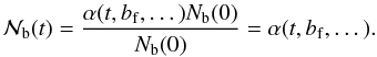 \begin{equation} \label{eq:evolution_normalized_number_of_binary_systems} \Nbinnorm (t) = \frac{\alpha (t,\binaryfrequency,\dots) \Nbin(0)}{\Nbin(0)} = \alpha (t,\binaryfrequency,\dots). \end{equation}