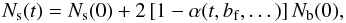 \begin{equation} \label{eq:evolution_number_of_single_stars} \Nsing (t) = \Nsing (0) + 2\left[ 1-\alpha (t,\binaryfrequency,\dots) \right] \Nbin (0), \end{equation}
