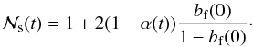 \begin{equation} \label{eq:evolution_normalized_number_of_single_stars} \Nsingnorm (t) = 1 + 2( 1 - \alpha (t) ) \frac{\binaryfrequency (0)}{1 - \binaryfrequency (0)}\cdot \end{equation}