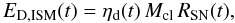 \begin{equation} \label{EQ:DESTR} E_{\mathrm{D,ISM}}(t) = \eta_{\mathrm{d}}(t) \, M_{\mathrm{cl}} \, R_{\mathrm{SN}}(t), \end{equation}
