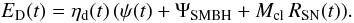 \begin{equation} \label{EQ:DDEST} E_{\mathrm{D}}(t) = \eta_{\mathrm{d}}(t) \, ( \psi(t) + \Psi_{\mathrm{SMBH}} + {M_{\mathrm{cl}} \, R_{\mathrm{SN}}(t)}) . \end{equation}