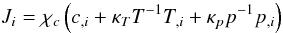 % subequation 547 1 \begin{equation} \label{eq2} J_i =\chi _c \left(c_{,i} +\kappa _T T^{-1}T_{,i} +\kappa _p p^{-1}p_{,i} \right) \end{equation}