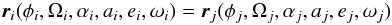 \begin{eqnarray} \vec{r}_i(\phi_i,\Omega_i,\alpha_i,a_i,e_i,\omega_i)=\vec{r}_j(\phi_j,\Omega_j,\alpha_j,a_j,e_j,\omega_j) \label{vector_r_i} \end{eqnarray}