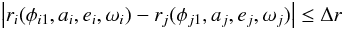 \begin{eqnarray} \left|r_i(\phi_{i1},a_i,e_i,\omega_i)-r_j(\phi_{j1},a_j,e_j,\omega_j)\right|\le\Delta r \label{check} \end{eqnarray}