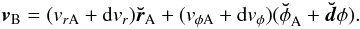 \begin{eqnarray} \vec{v}_{\rm B}=(v_{r\rm A}+{\rm d}v_r){\vec{\breve{r}}}_{\rm A}+ (v_{\phi\rm A}+{\rm d}v_\phi) ({\bf\breve{\phi}}_{\rm A}+\vec{\breve{d}}\phi). \end{eqnarray}