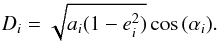 \begin{eqnarray} D_i=\sqrt{a_i(1-e_i^2)} \cos{(\alpha_i)}. \label{zang} \end{eqnarray}