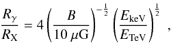 \begin{equation} \frac{R_{\gamma}}{R_{\mathrm{X}}}= 4 \left(\frac{B}{10~\mu \mathrm{G}}\right)^{-\frac{1}{2}} \left(\frac{E_{\mathrm{keV}}}{E_{\mathrm{TeV}}} \right)^{\frac{1}{2}}~, \label{EQ::NebulaSizes} \end{equation}
