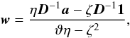 \begin{equation} \label{eq:solutionw} \wb = \frac{\eta \Db^{-1} \ab - \zeta \Db^{-1} \oneb}{\vartheta \eta - \zeta^2}, \end{equation}