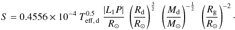 \begin{equation} S= 0.4556 \times 10^{-4} ~ T_{\rm eff,\,d}^{0.5}~ \frac{\left\vert L_{1}P\right\vert}{R_{\odot}} ~ \left ( \frac{R_{\rm d}}{R_{\odot}} \right)^{\frac{3}{2}}~\left (\frac{M_{\rm d}}{M_{\odot}} \right)^{-\frac{1}{2}}~ \left (\frac{R_{\rm g}}{R_{\odot}}\right)^{-2}\cdot \label{SPringle} \end{equation}