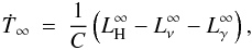 \begin{eqnarray} \label{eq:evolucion_Ti} \dot{T}_\infty & =& \frac{1}{C} \left( L_{\rm H}^{\infty}-L_\nu^\infty - L_\gamma^\infty\right), \end{eqnarray}