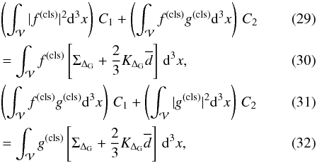 \begin{eqnarray} \label{eq:coeff_lse_2} &\left(\int_{\mathcal{V}} |f^{(\rm cls)}|^2\dd^{3}x\right)\,C_1 + \left(\int_{\mathcal{V}} f^{(\rm cls)}g^{(\rm cls)}\dd^{3}x\right)\,C_2\\ &=\int_{\mathcal{V}} f^{(\rm cls)}\left[\Sigma_{\Delta_{\mathrm{G}}}+\frac{2}{3}K_{\Delta_{\rm G}}\overline{d}\right]\,\dd^{3}x, \\ &\left(\int_{\mathcal{V}}f^{(\rm cls)}g^{(\rm cls)} \dd^{3}x\right)\,C_1 + \left(\int_{\mathcal{V}} |g^{(\rm cls)}|^{2}\dd^{3}x\right)\,C_{2} \\ &=\int_{\mathcal{V}} g^{(\rm cls)}\left[\Sigma_{\Delta_{\mathrm{G}}}+\frac{2}{3}K_{\Delta_{\rm G}}\overline{d}\right]\,\dd^{3}x, \end{eqnarray}