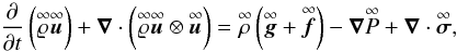 \begin{equation} \label{eq:momt} \frac{\partial}{\partial t}\left(\ideal{\varrho}\ideal{\vec{u}}\right) + \vec{\nabla}\cdot\left(\ideal{\varrho}\ideal{\vec{u}}\otimes\ideal{\vec{u}}\right) = \ideal{\rho}\left(\ideal{\vect{g}} + \ideal{\vect{f}}\right) -\vec{\nabla}\ideal{P} + \vec{\nabla}\cdot\ideal{\boldsymbol{\sigma}}, \end{equation}