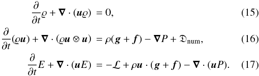 \begin{align} \label{eq:euler_iles_rho} \frac{\partial}{\partial t}\varrho + \vec{\nabla}\cdot(\vec{u}\varrho)\, &= 0, \\ \label{eq:euler_iles_momt}\frac{\partial}{\partial t}(\varrho\vec{u}) + \vec{\nabla}\cdot\left(\varrho\vec{u}\otimes\vec{u}\right)\, &= \rho(\vect{g} + \vect{f}) -\vec{\nabla}P + \mathfrak{D}_{\mathrm{num}}, \\ \label{eq:euler_iles_energy} \frac{\partial}{\partial t} E + \vec{\nabla}\cdot(\vec{u}E)\, &= -\mathcal{L} + \rho\vect{u}\cdot(\vect{g} + \vect{f}) -\vec{\nabla}\cdot(\vec{u}P). \end{align}