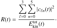 \begin{equation} R(t) = \frac{\disp\sum_{\ell = 0}^{3}\sum_{n = 0}^{5} | c_{\ell n}(t)|^2}{E_{\text{kin}}^{\text{tot}}(t) }\cdot \label{eq:acousratio} \end{equation}