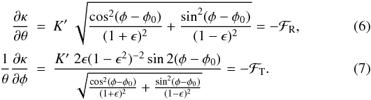 \begin{eqnarray} {\partial\kappa\over\partial\theta}&=&K'\;\sqrt{{\cos^2(\phi-\phi_0)\over (1+\eps)^2} +{\sin^2(\phi-\phi_0)\over (1-\eps)^2}}=-{\cal F}_{\rm R}, \\ {1\over\theta}{\partial\kappa\over\partial \phi}&=& {K'\;2\eps(1-\eps^2)^{-2}\sin2(\phi-\phi_0)\over \sqrt{{\cos^2(\phi-\phi_0)\over (1+\eps)^2} +{\sin^2(\phi-\phi_0)\over (1-\eps)^2}}}=-{\cal F}_{\rm T}. \end{eqnarray}
