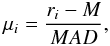 \begin{equation} \mu_i={r_i-M \over MAD}, \end{equation}