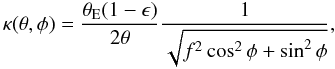 \appendix \setcounter{section}{1} \begin{equation} \kappa(\theta,\phi)={\theta_{\rm E}(1-\epsilon)\over 2\theta} \dfrac{1} {\sqrt{f^2\cos^2\phi +\sin^2\phi}}, \label{eq:siepolar} \end{equation}