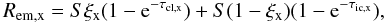 \begin{equation} R_{\rm em,x} = S \xi_{\rm x} (1 - {\rm e}^{-\tau_{\rm cl,x}}) + S(1-\xi_{\rm x})(1 - {\rm e}^{ -\tau_{\rm ic,x}}), \label{Eq:reem_pap} \end{equation}